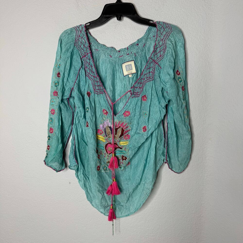 Bell By Alicia Bell Boho Embroidered Peasant Blouse Aqua Blue Pink